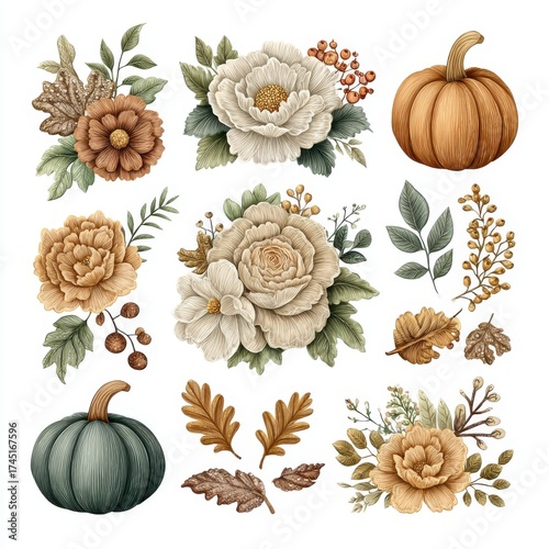 Wallpaper Mural Floral and Pumpkin Pixel Art Arrangement with Autumnal Colors on White Background Torontodigital.ca