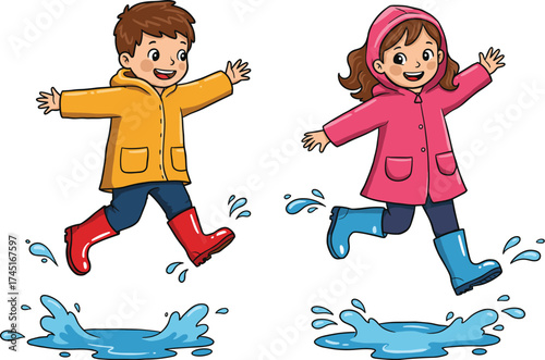 Two cheerful children, a boy and a girl, wearing bright raincoats and boots, happily jump and splash in puddles, celebrating playful moments and rainy day fun outdoors.