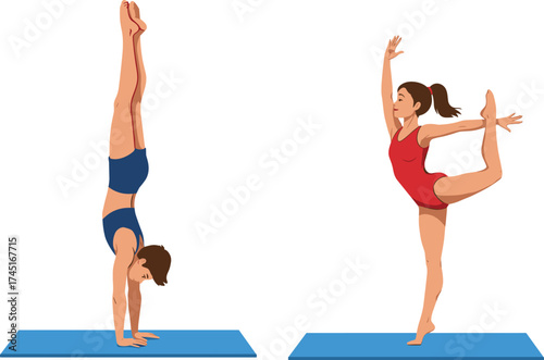 A male athlete performs a challenging handstand, and a female gymnast executes the elegant dancer pose on yoga mats, demonstrating balance, strength, and flexibility in fitness training.