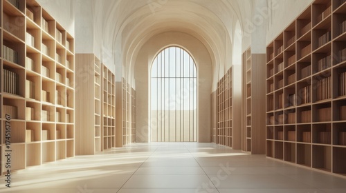 Wallpaper Mural Wooden bookshelves filled with books in serene library setting Torontodigital.ca