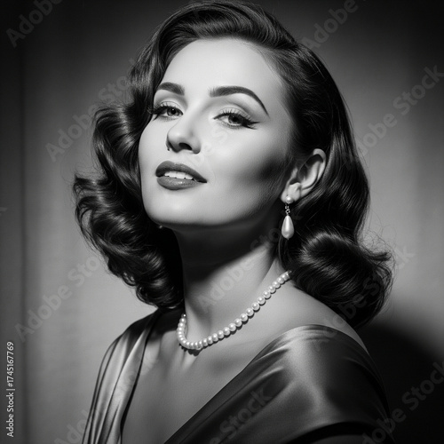 Elegant Vintage Portrait Stunning Woman in Black and White, Pearl Necklace, Retro Hairstyle and Glamour.
