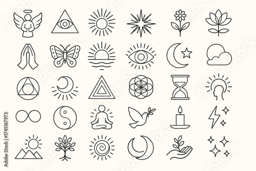 Esoteric and Spiritual Line Icons – Mystical Symbols of Energy, Balance, and Enlightenment