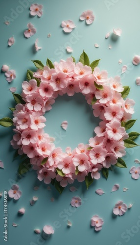 Wallpaper Mural Circle of cherry blossoms wreath on pastel blue background Torontodigital.ca