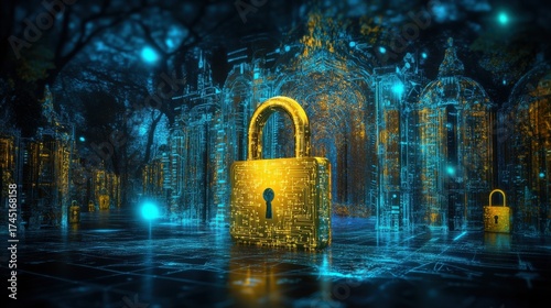 Wallpaper Mural Golden padlock with circuit-board design in futuristic park at night Torontodigital.ca