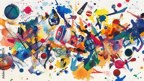 Wallpaper Mural Abstract painting of vibrant sports equipment and energetic figures Torontodigital.ca