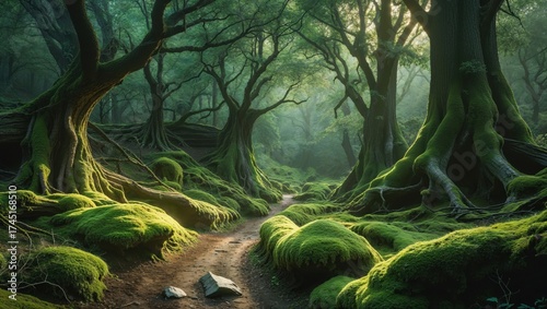 Enchanted forest path, sunlight filtering through ancient moss-covered trees. Serene, mystical atmosphere.
