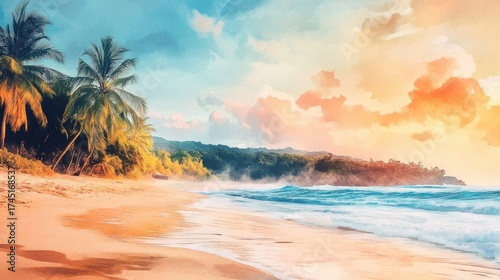 Wallpaper Mural Tranquil tropical beach with palm trees and ocean waves at sunset Torontodigital.ca