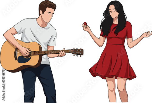 Music celebration illustration, man playing guitar, woman dancing, festive confetti, party scene, joyful characters, colorful design, happy event, vector cartoon artwork
