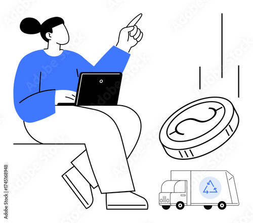 Woman seated with laptop pointing upwards, digital coin and recycling truck nearby. Ideal for finance, technology, environment, logistics, cashless payment, sustainability, and e-commerce themes