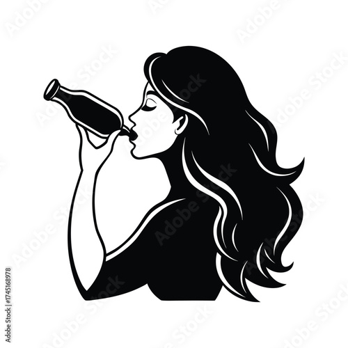 Black and white silhouette woman drinking from a bottle her lips
