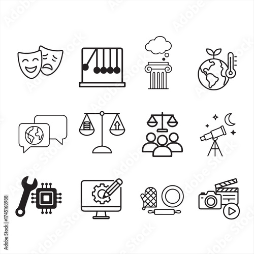 Collection of hand drawn icons representing various fields of knowledge and study