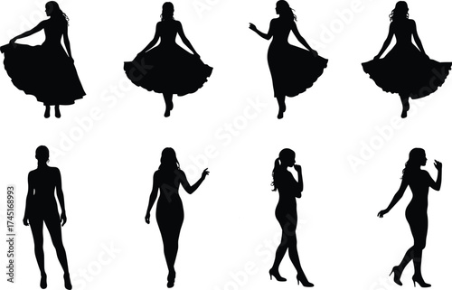 Women silhouette, fashion pose, elegant dress, stylish figure, feminine posture, walking woman, dancing pose, model stance, beauty art, design reference