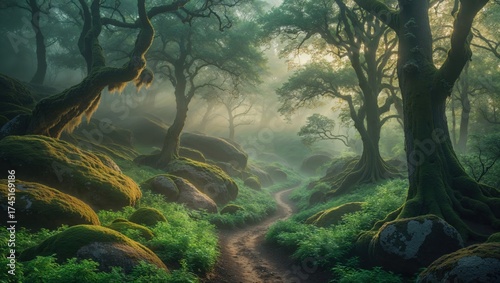 Enchanted forest path. Moss-covered rocks and ancient trees create a mystical atmosphere in this dreamy landscape.