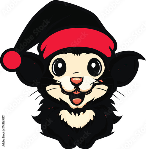 Cute cartoon chinchilla in Santa hat, festive animal character, holiday mascot, cheerful black fur creature, Christmas illustration, joyful winter design, stock vector art