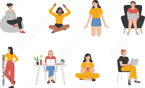 Women working, relaxing, using laptops, sitting, standing, drinking coffee, casual lifestyle, home office, vector illustration, modern flat design art