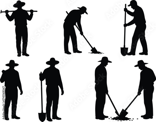 Worker silhouettes, shoveling poses, manual labor, construction work, agriculture, teamwork, digging action, outdoor job, physical work, industry, occupation, posture