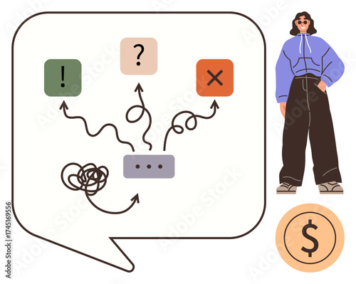 Tangled paths, decision icons , , X, speech bubble, casual person in modern style, and dollar coin outline options. Ideal for problem-solving, decision-making finance business communication