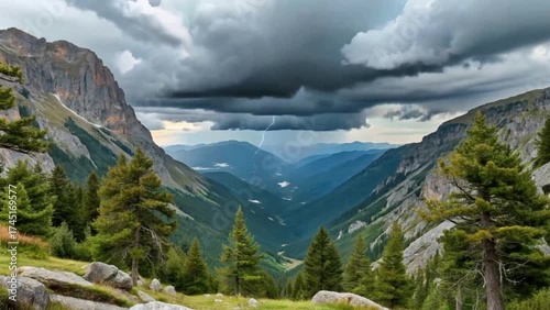 dramatic beauty of this deep, rugged alpine valley landscape, captured under a powerful, sweeping sky of dark, impending storm clouds