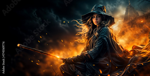 Young woman in dark flowing robes holding a staff with a dramatic background and a dark ominous sky with an intense and mystical Halloween mood