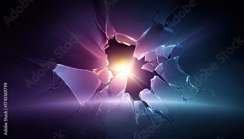 A hole bursts through shards of iridescent glass, revealing a bright, radiant light source