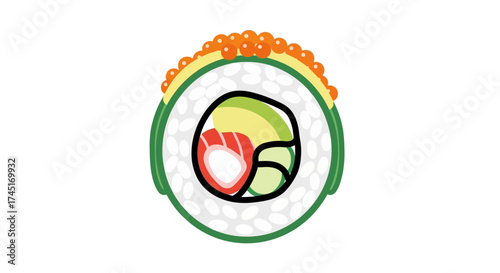 Whimsical sushi roll illustration with vibrant toppings, presented in a playful cartoon style