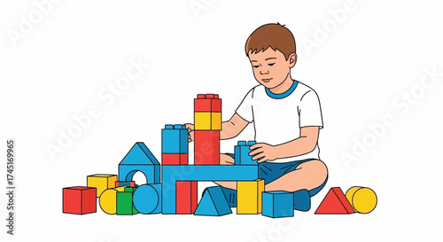 Young builder creating a colorful structure with geometric blocks in a playful scene full of