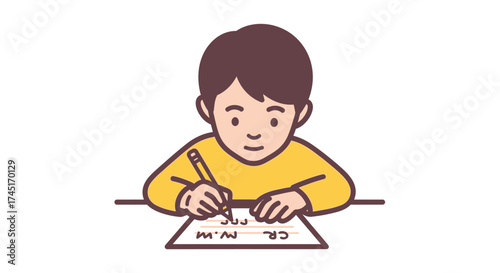 Illustration of a young boy diligently writing or drawing on a sheet of paper on the desk