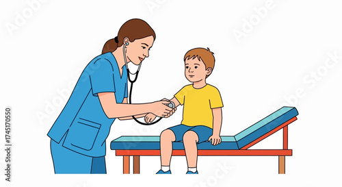 Illustration showing a kind female doctor checking a young boy's health during a medical exam in a