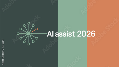 Ai assist concept with network graphic on a tricolor background in shades of green and orange colors