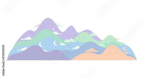 Pastel Mountains and Lunar Elements Layered in Dreamy Vector Illustration