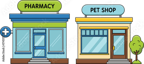 Colorful storefronts of pharmacy and pet shop, urban retail buildings, healthcare and animal care services, city architecture, commercial exterior design