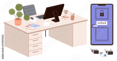 Contemporary workspace setup with desk, monitor, books, plant, and stationery alongside smart locked door. Ideal for security, technology, productivity, workspace innovation smart systems modern