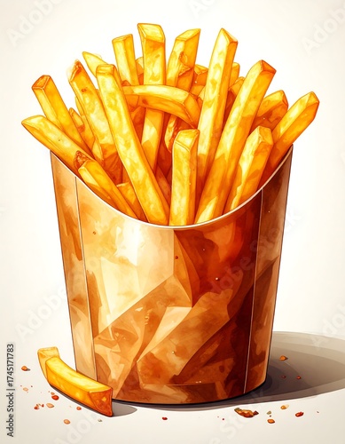 Watercolor style depiction of french fries in a paper container