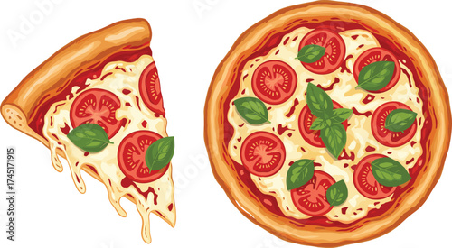 Delicious Italian pizza with tomato, mozzarella cheese, and basil leaves, fresh hot slice of pizza, traditional homemade food illustration