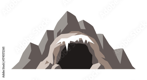 Mysterious rocky cavern entrance adorned with sharp icicles illustration detail design