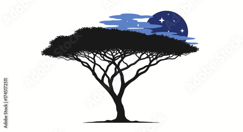 Silhouette of a solitary tree against a night sky with stars and wispy clouds minimalistic style
