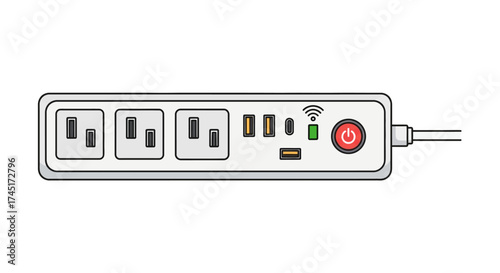Illustration of a smart power strip with multiple outlets and USB ports for charging devices