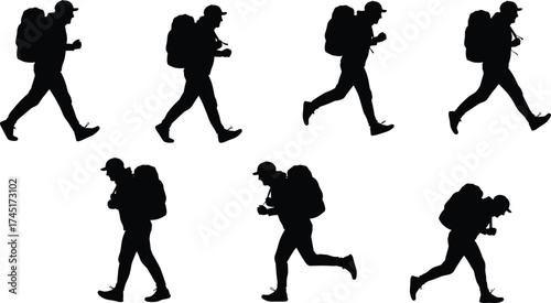 Silhouette hikers walking with backpacks, outdoor adventure travelers, trekking and camping journey illustration, active lifestyle, black silhouette isolated background design