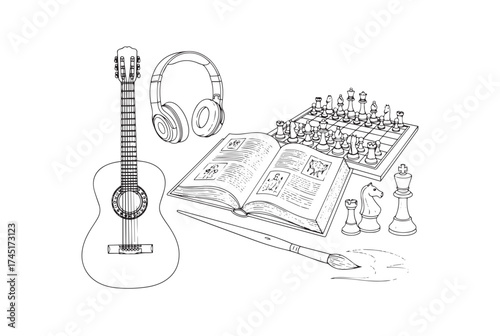 Vector art of still life of musical instruments, book, and chess set