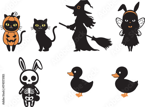 Halloween cartoon characters, bunny skeleton, pumpkin cat, witch silhouette, fairy wings, spooky costumes, cute animal, festive vector illustration, holiday theme