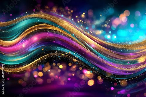 Glitter Gold Colorful Wave Stripes Banner Design. Shiny moving lines design element with bokeh effect background