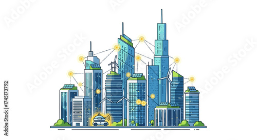 Digital smart city landscape featuring modern infrastructure and autonomous vehicles connecting to
