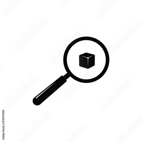 Sugar cube under a magnifying glass, symbolizing the scrutiny and examination of sugar content in food and diet