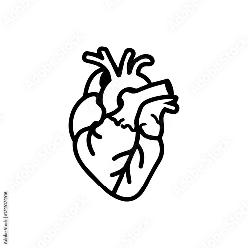 Human anatomical heart icon with arteries and veins. Organ of cardiovascular system symbol. Contour black medicine illustration