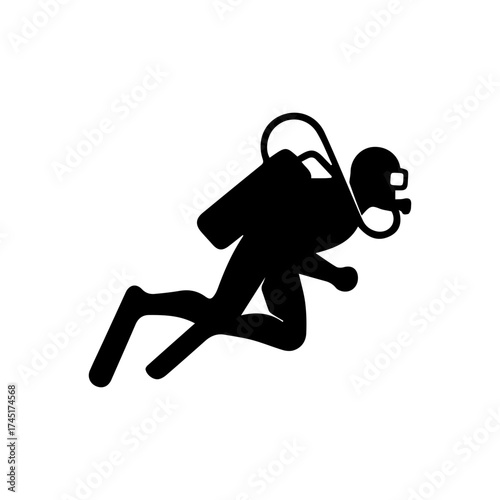 Scuba divers man in side view wearing mask and oxygen tank. Underwater explorer, snorkeling, and diving icon. Minimalist black vector illustration.