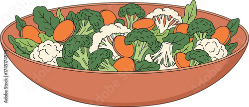Healthy fresh vegetable salad bowl with broccoli, cauliflower, carrots, and spinach, nutritious vegetarian meal, organic food illustration for health