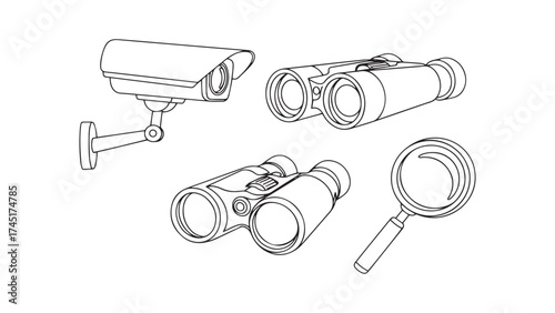 Vector art of surveillance equipment security camera, binoculars, magnifying glass