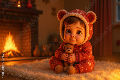 Cute baby in bear costume holding teddy near fireplace for cozy winter and family concept