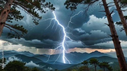 Lightning over mountains, stormy sky drama, nature’s raw power, electrifying wilderness view