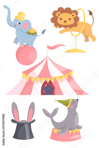 Set of cute cartoon circus animals, acrobat elephant, lion jumping through a hoop, juggler seal, rabbit and lion, magician hat, circus tent, flat vector illustration
